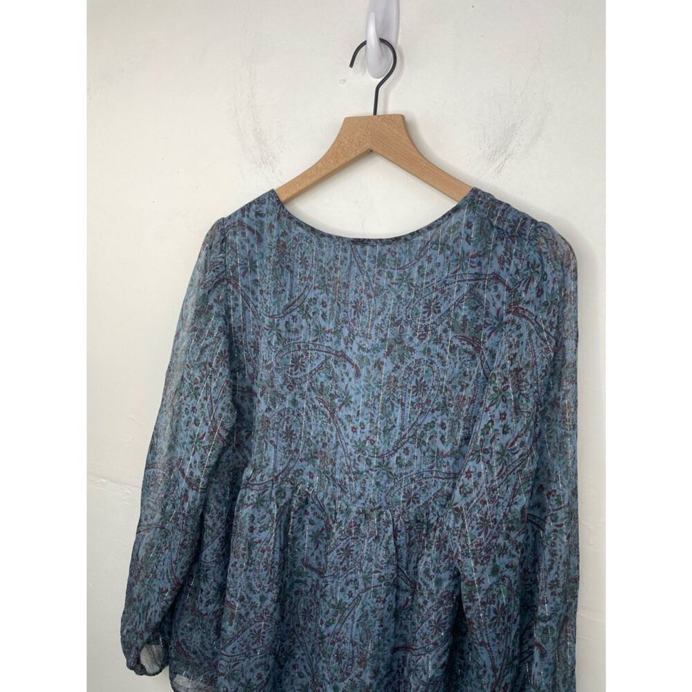 Lucky Brand Teal Blue Paisley V-Neck Long Sleeve Blouse peasant boho size Large - Picture 13 of 16